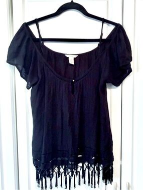 F21 Black Boho Fringe Women's Top
